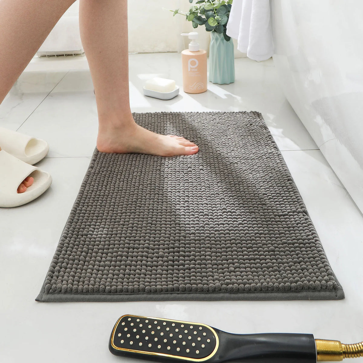 tapis bain microfibre boules relief gris bleu moderne absorbant rapide