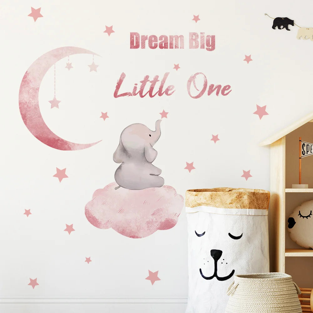 sticker mural éléphant nuage enfant illustration rose gris adhésif chambre bébé dream big little