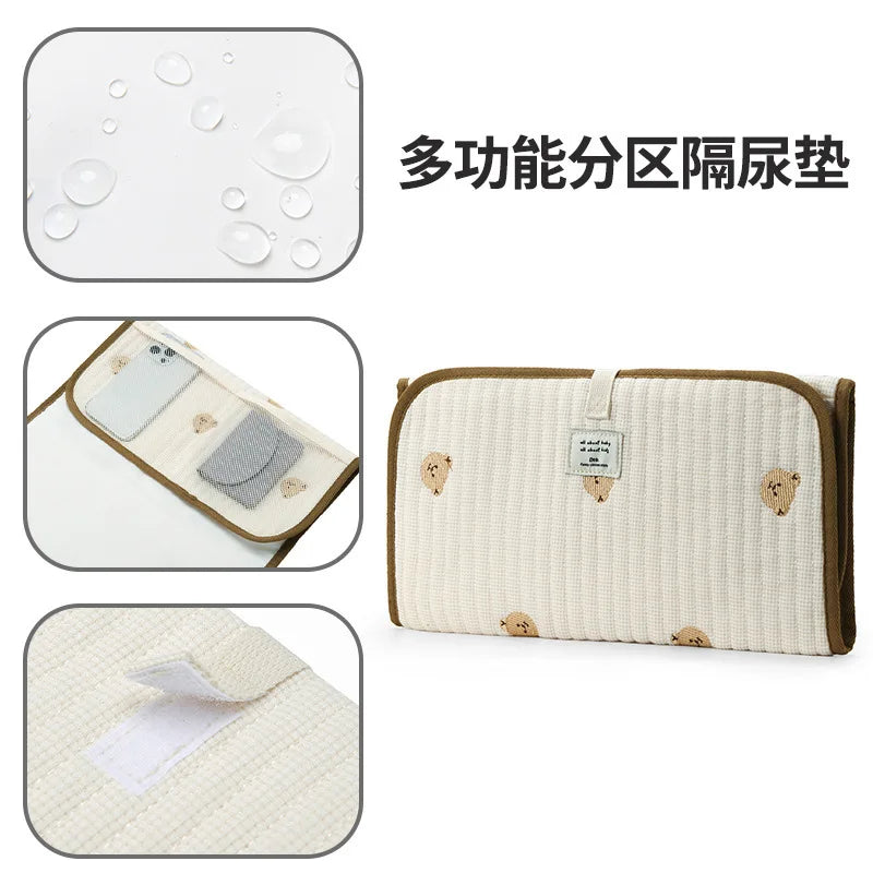 tapis langer pliable bébé beige marron rayures ours fleurs brodées velcro maternité mois