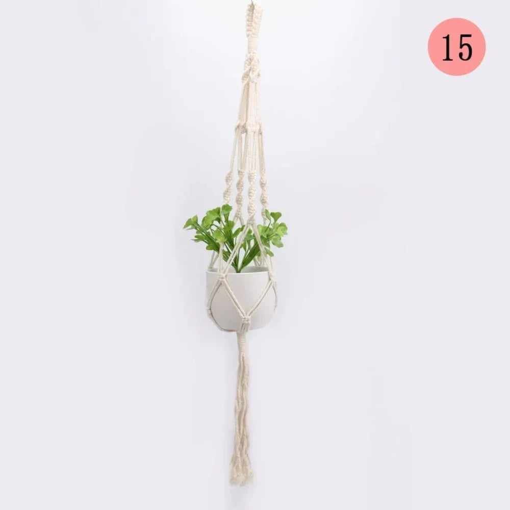 panier suspendu boho chic tissé motifs floraux jaune clair crochets métalliques deux cordons suspension