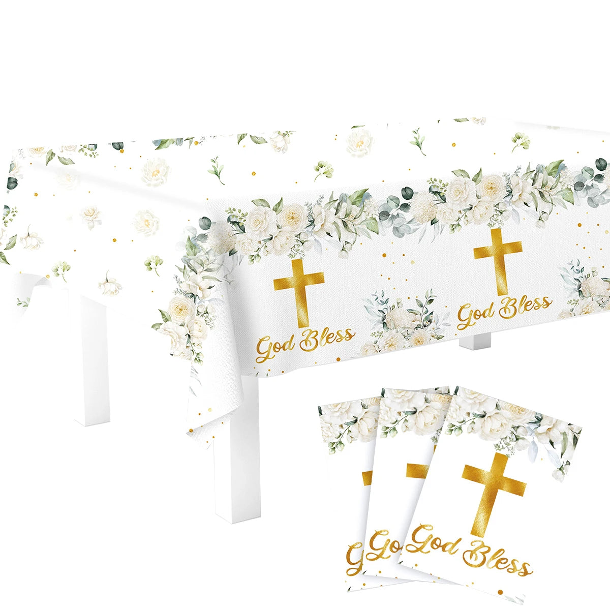 serviettes assiettes gobelets nappe fleurs croix dorées blanc vert anniversaire mariage fête