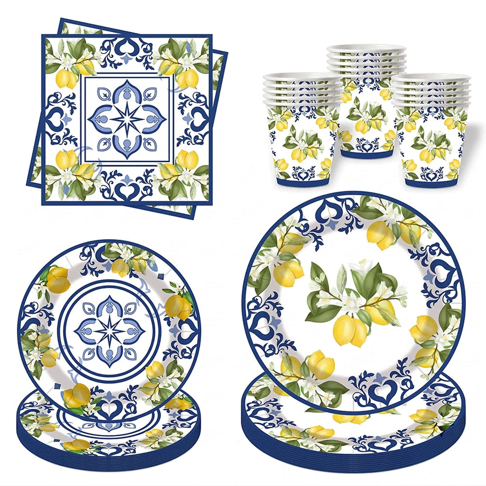 vaisselle jetable assiettes gobelets serviettes motif floral citron anniversaire mariage festive