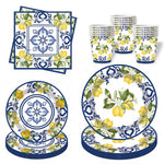 vaisselle jetable assiettes gobelets serviettes motif floral citron anniversaire mariage festive