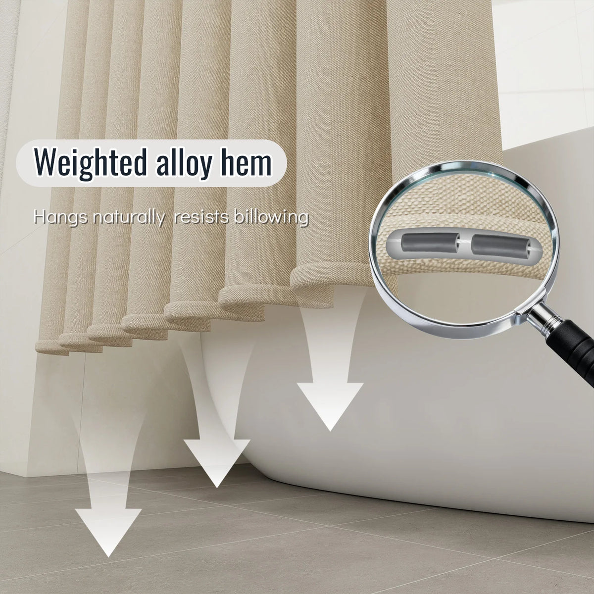 rideau douche beige texturé lin polyester moderne minimaliste opacité totale tringle pesé