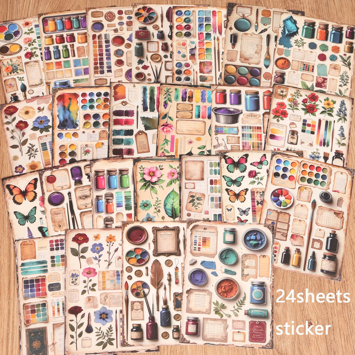 autocollants vintage multicolores floral adhésifs scrapbooking papier fleurs papillons étiquettes pinceaux peinture palette