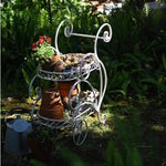 support mobile fleurs étagère métal vintage deux niveaux roues blanc gris bleuté Pods différentes