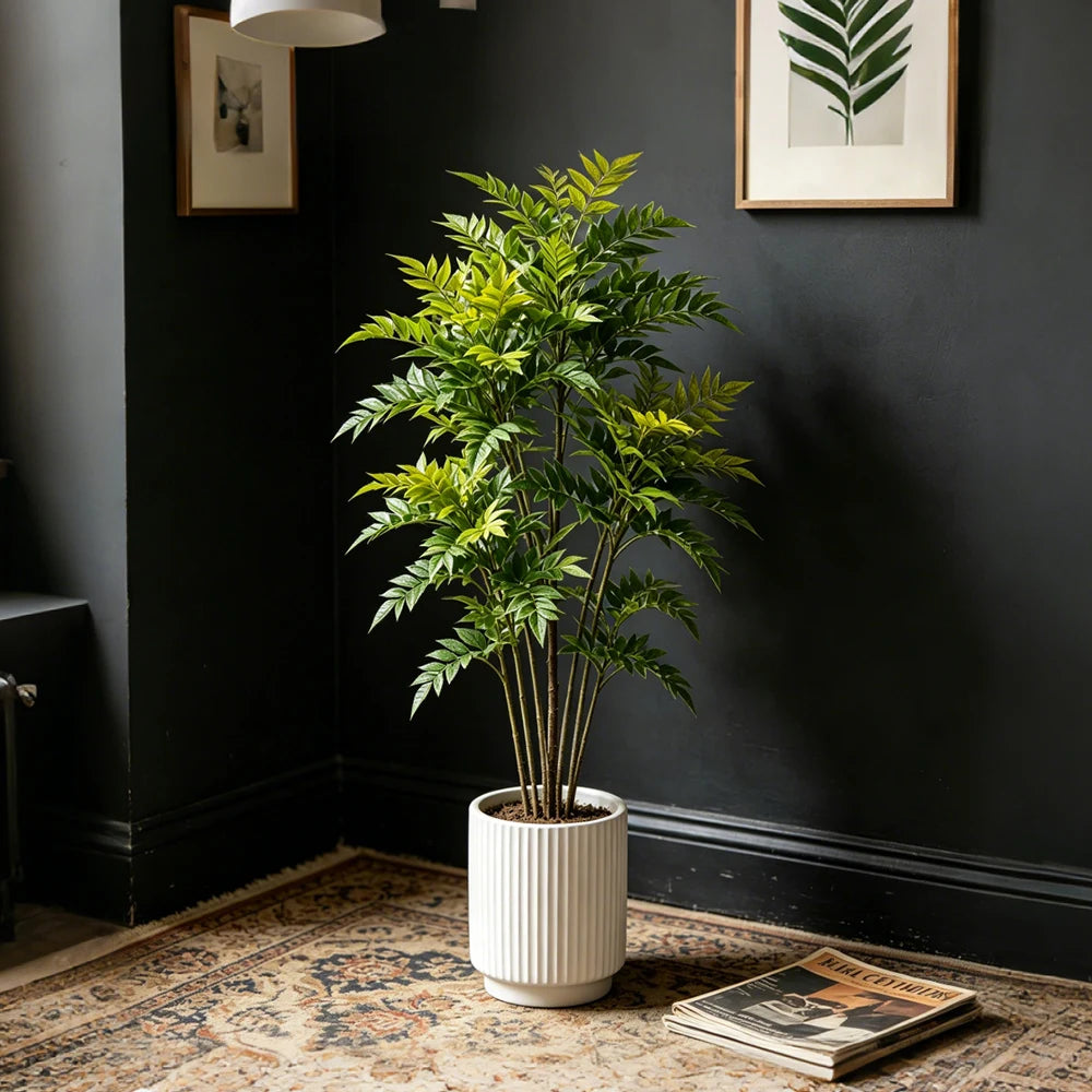 arbre artificiel feuilles vertes pot rayé décoration intérieure plante verte tiges fines tropical