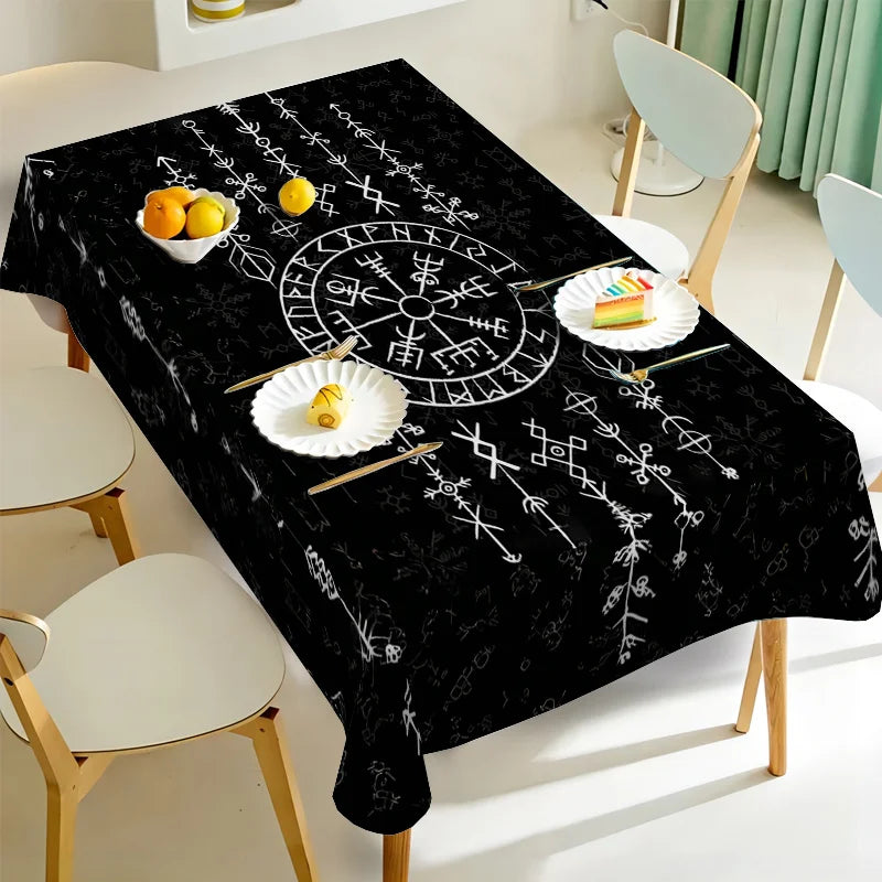 nappe table moderne noire runes symboles geometriques reutilisable polyeste rectangle festives assises couverts graphique