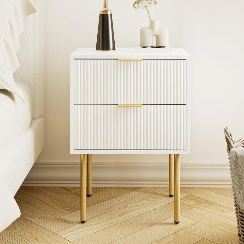 table nuit tiroirs moderne bois blanc doré rayures minimalistes chambre salon