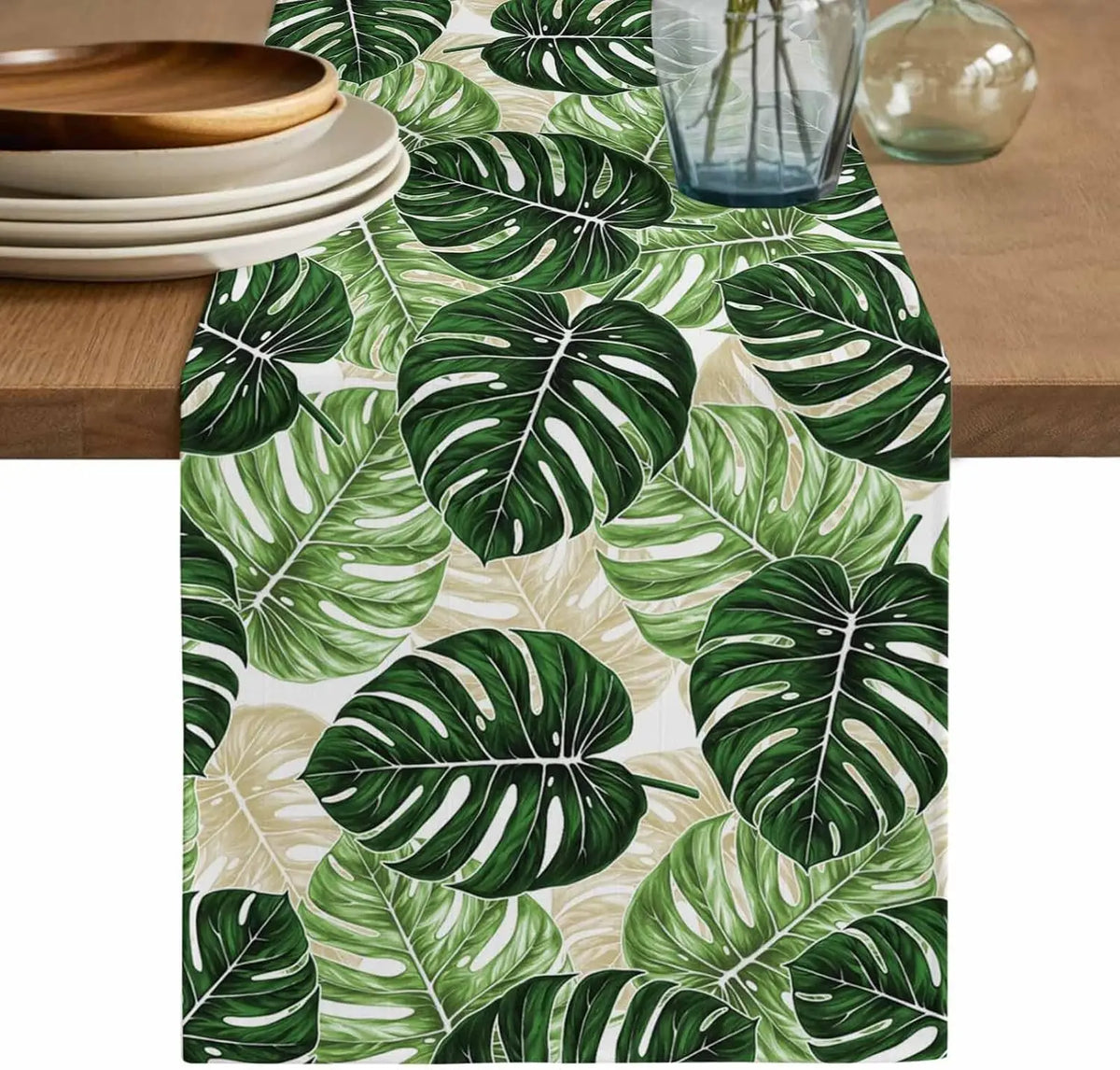 chemin table lin motif feuilles tropicales vert moderne décoration intérieure été cuisine salle manger