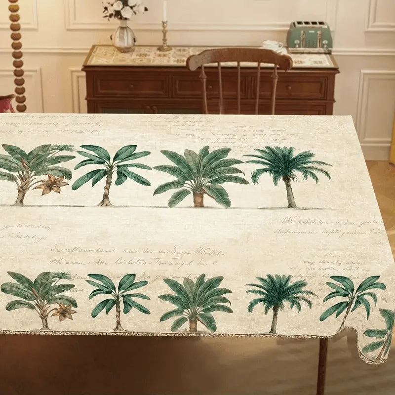 nappe rectangulaire palmiers stylisés beige clair vert foncé classique rustique réutilisable polyester maison table