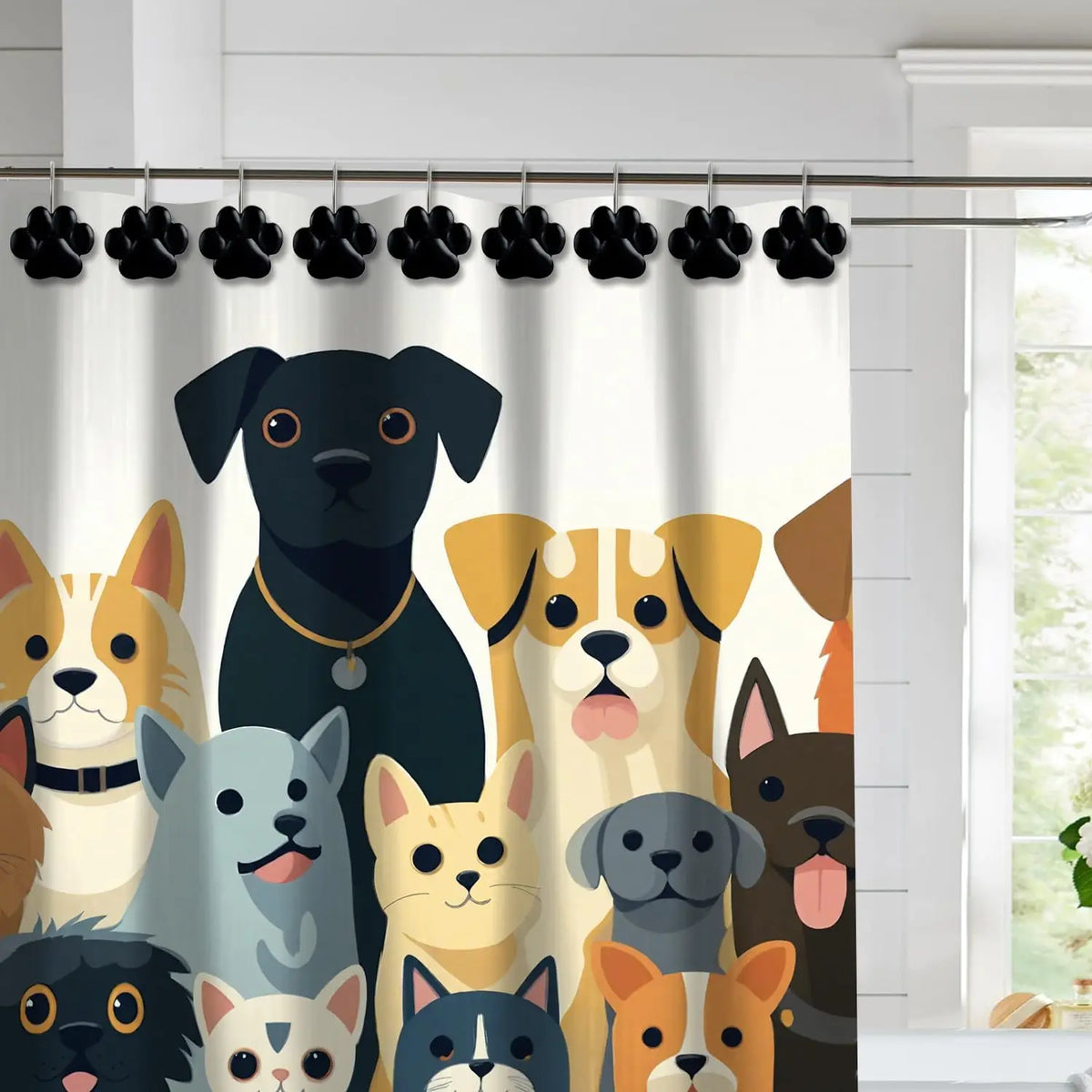 crochets rideau douche empreintes pattes chien noir modernes salle bain décoration fixations