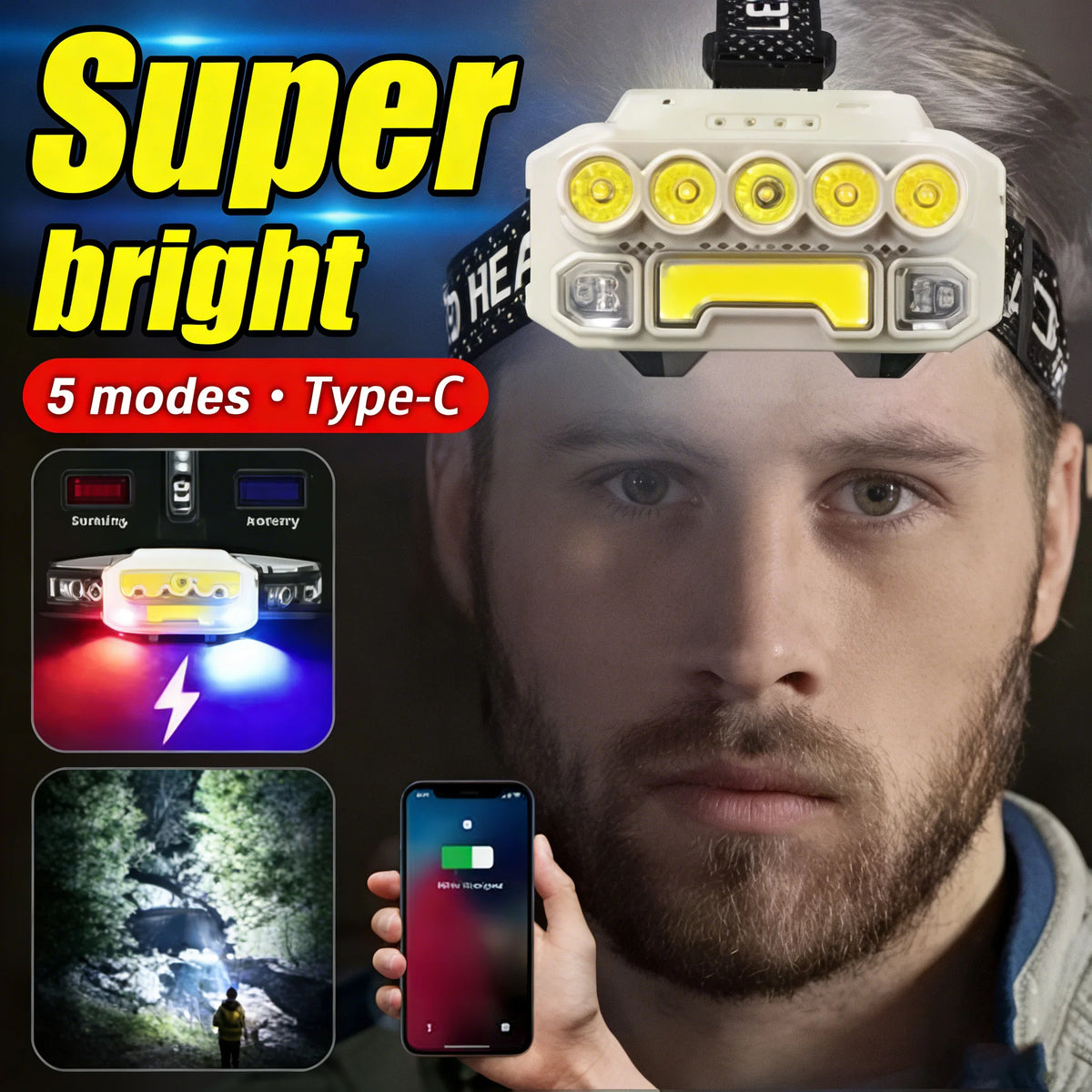 lampe frontale led rechargeable usb blanc rouge bleu étanche camping pêche