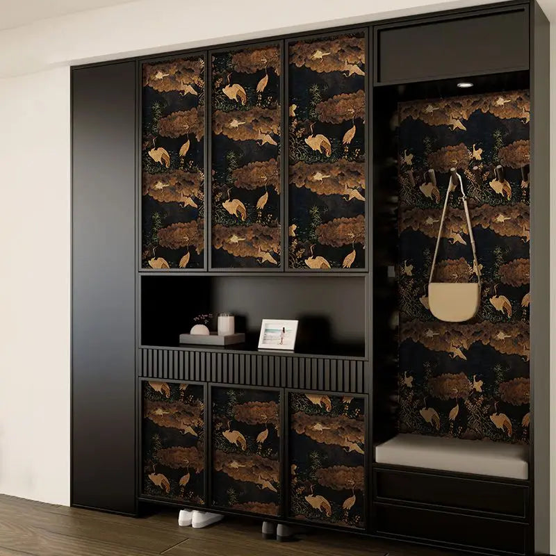 papier peint vinyle autocollant opaque noir beige dore oriental arbres nuages autocollant impermieux