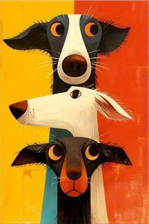 tableau moderne trois chiens stylisés animal compagnie abstrait jaune orange noir