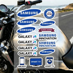 autocollants réfléchissants sécurité moto bleu blanc noir logos samsung modernes minimalistes
