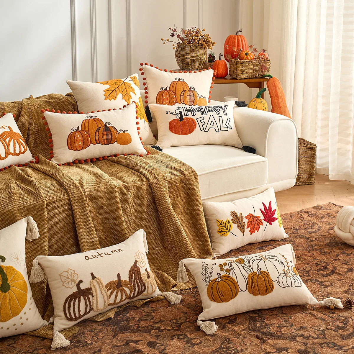 housse coussin brodée citrouille motif automne rustique tassel adhésif décoration maison nordique polyester coton