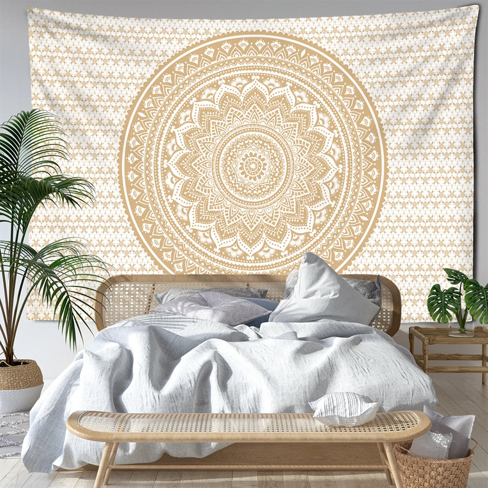 tapisserie murale mandala rayée boho ethnique beige blanc bleu clair vert clair