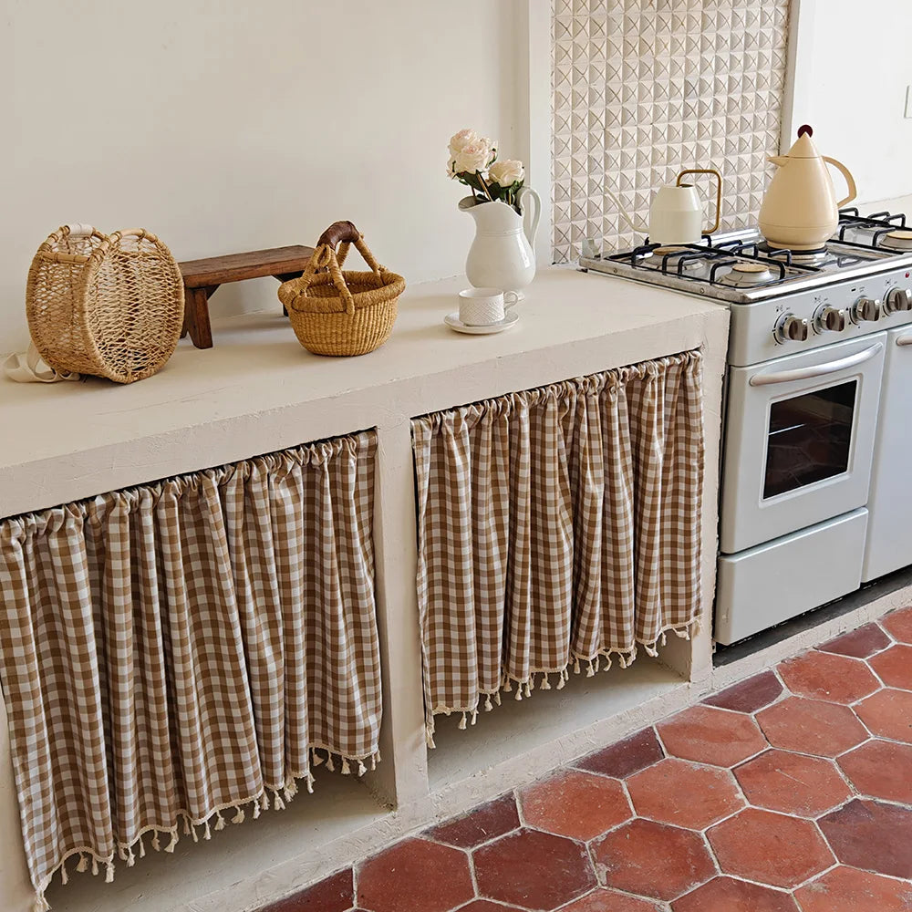 rideau marron blanc carreaux opacité rustique cuisine fenêtre 55w 30cm 50cm 70cm 90cm 120cm