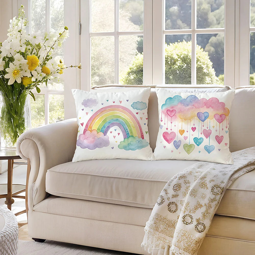 taies d'oreiller arc ciel licorne coeurs pastel enfant decoration maison lit polyester peachskin motifs