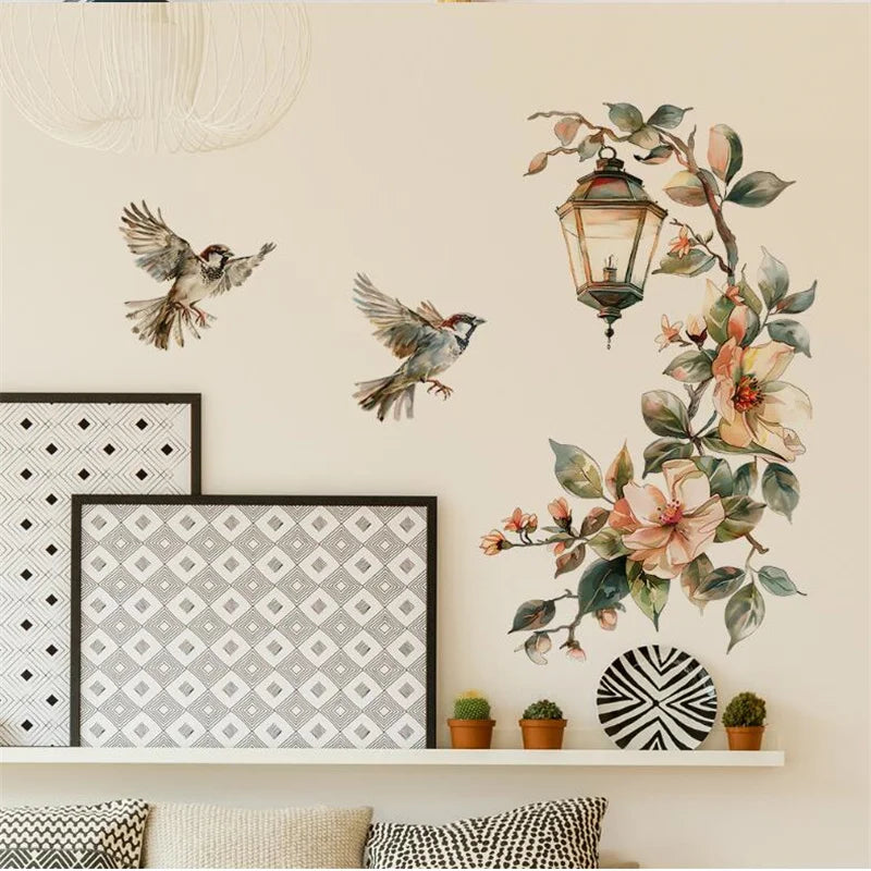 stickers muraux décoratifs oiseaux fleurs magnolias lanterne ancienne aquarelle vintage bohème adhésifs chambre salon
