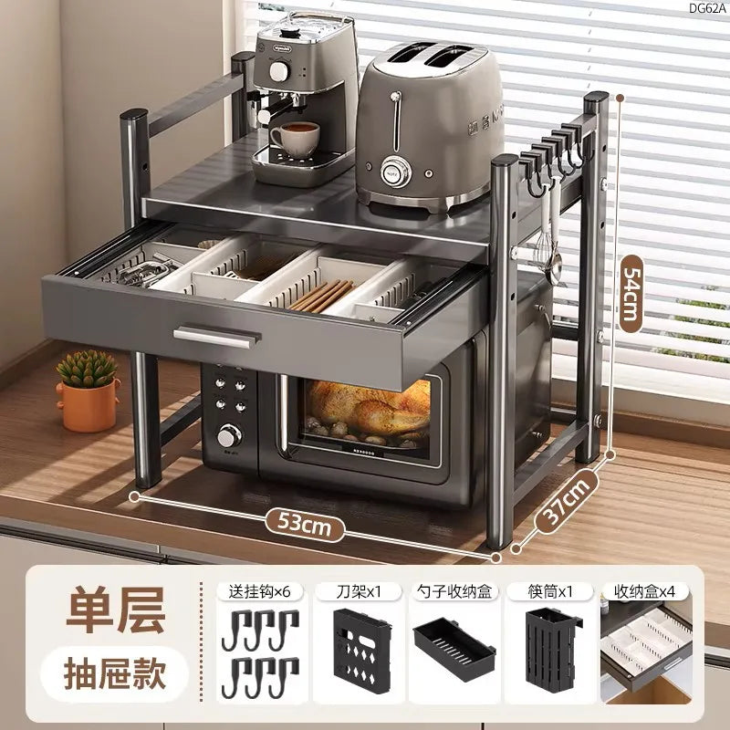 rangement cuisine tiroirs acier inoxydable gris noir moderne batteur cuillères couteaux toaster friteuse