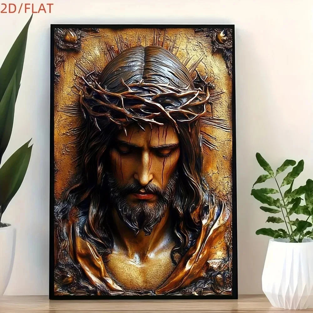 tableau décoratif réaliste portrait jésus doré noir sculpté couronne feuilles religieux