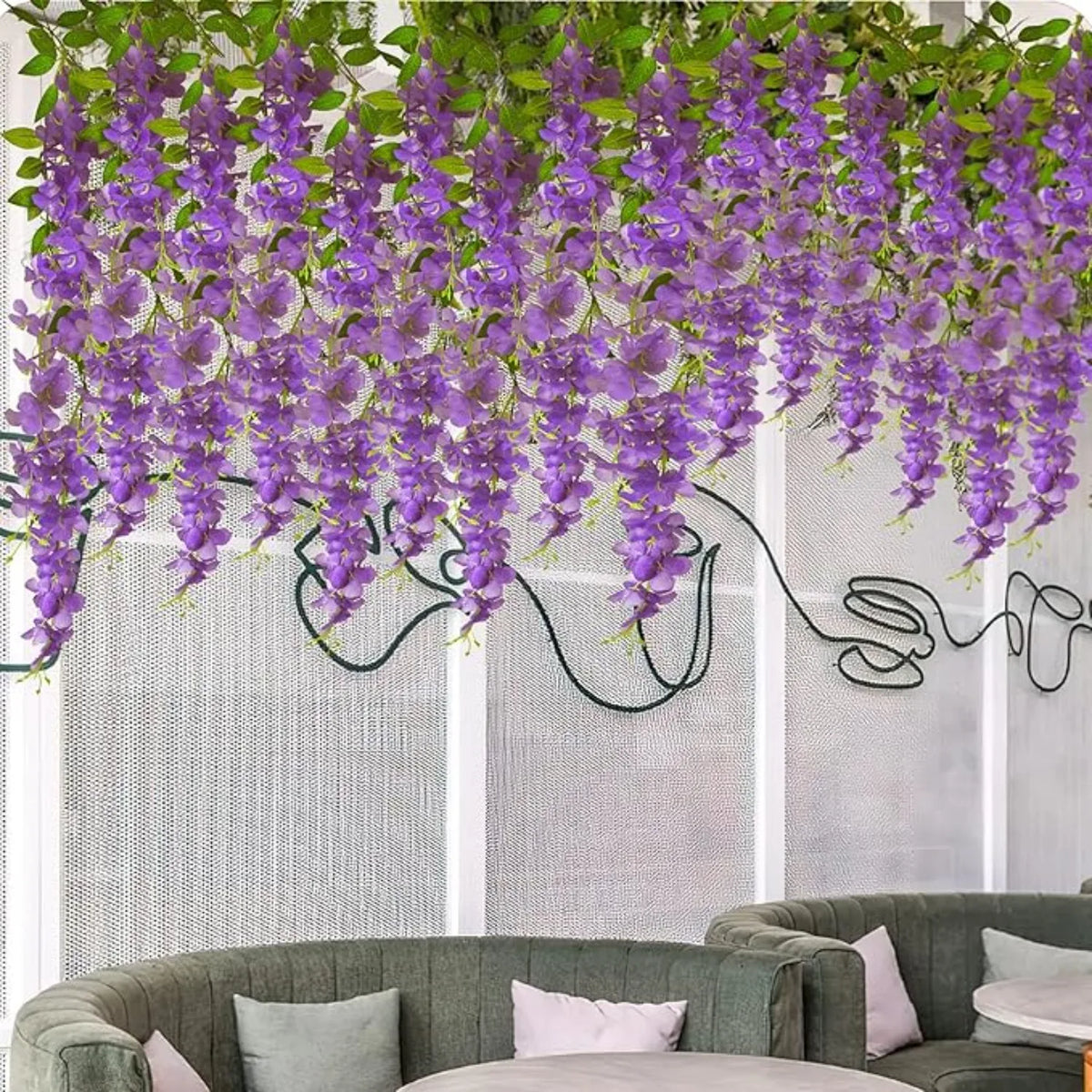 guirlande florale artificielle cascade wisteria violet feuilles vertes décoration intérieure mariage anniversaire festive chambre