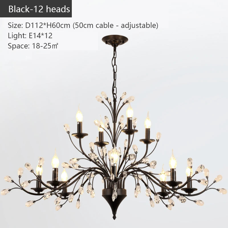 lustre led noir branches cristal contemporain élégant suspendu salon chambre