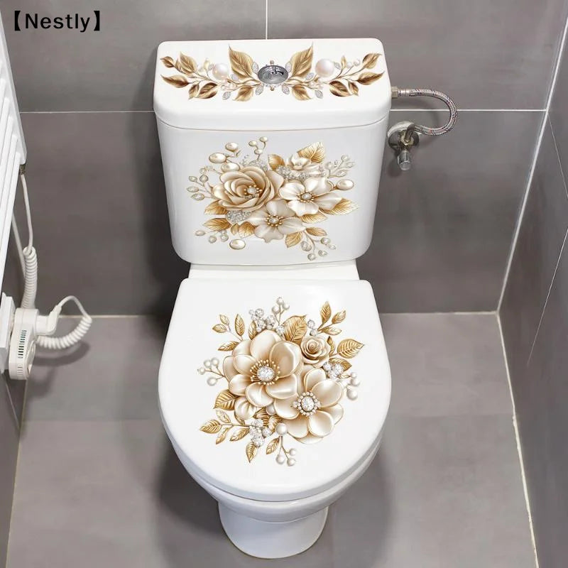 cache wc blanc doré fleurs adhésif classique décoratif salle bain