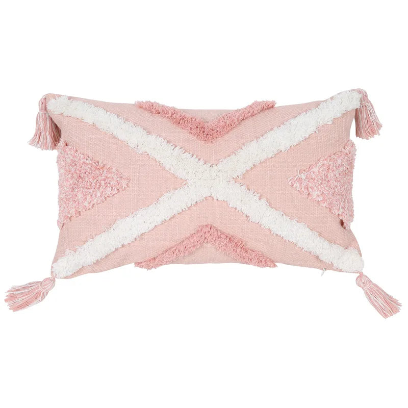 coussins boho chic rose clair blanc motif géométrique pompons opaques adhésifs