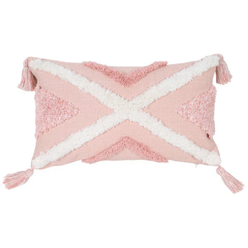 coussins boho chic rose clair blanc motif géométrique pompons opaques adhésifs
