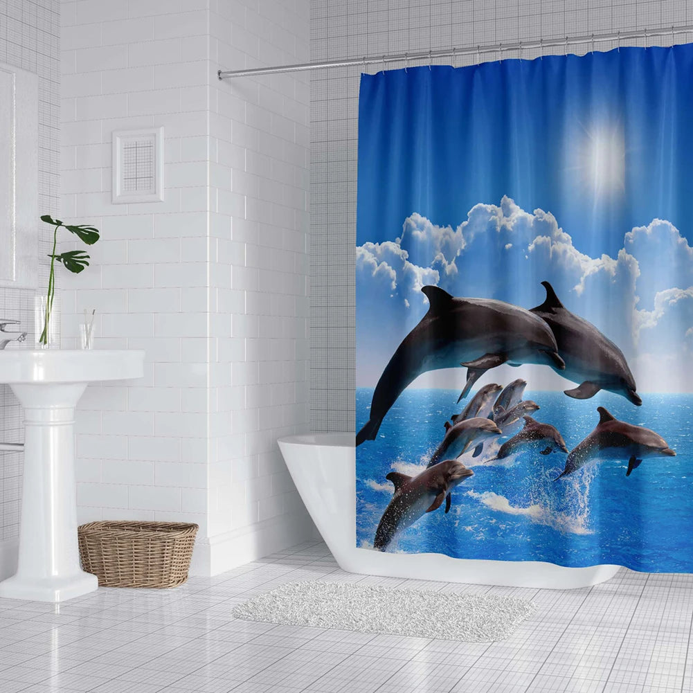 rideau douche dauphins sous marin polyester moderne 12 crochets poisson corail enfant océan bleu