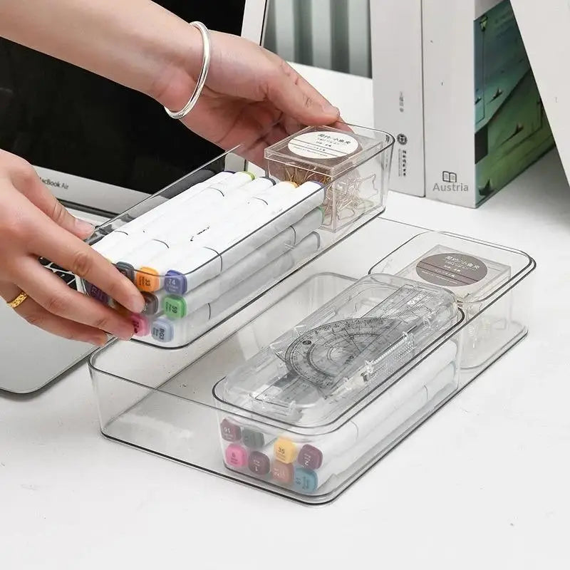 boîtes rangement transparentes modernes salle bain empilables plastique maquillage organisation calculatrice marqueurs