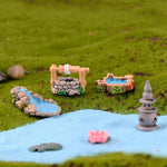 statues jardin miniatures ponts pagodes cascades nénuphars grenouilles textures bois pierre mousse artificielle