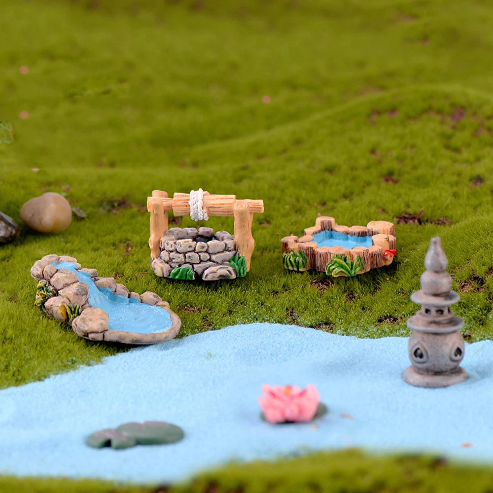 statues jardin miniatures ponts pagodes cascades nénuphars grenouilles textures bois pierre mousse artificielle