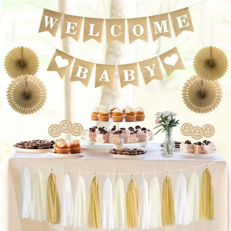 guirlande fanions bienvenue baby toile jute coeurs rustique décoration anniversaire enfant révélation sexe