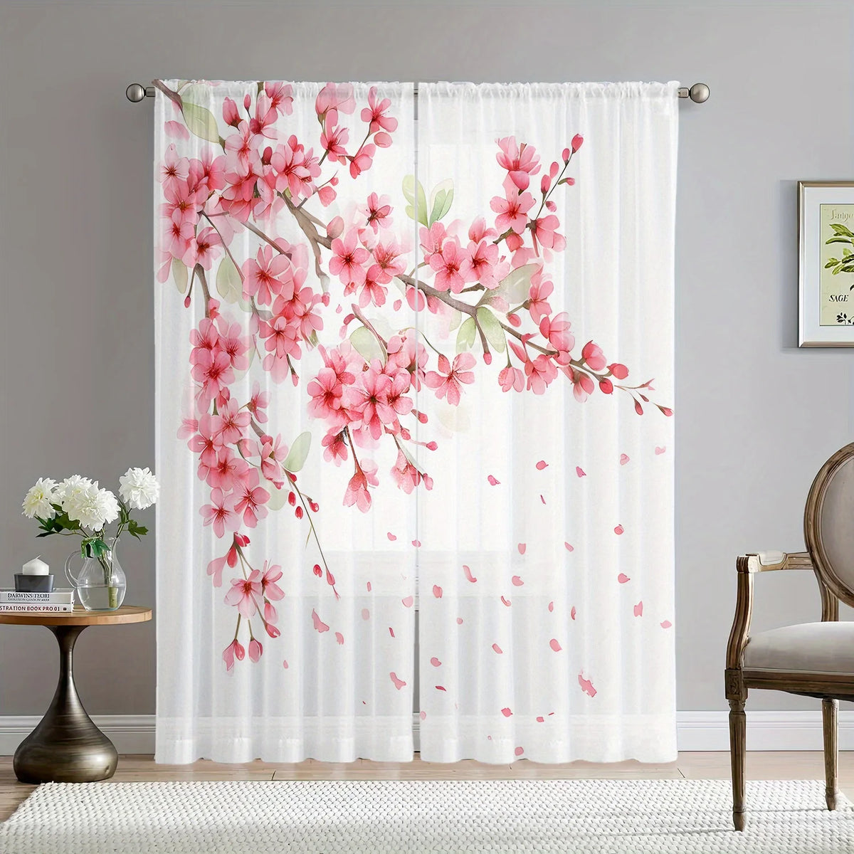 rideau moderne fleurs cerisier transparent blanc rose vert polyester chambre salon