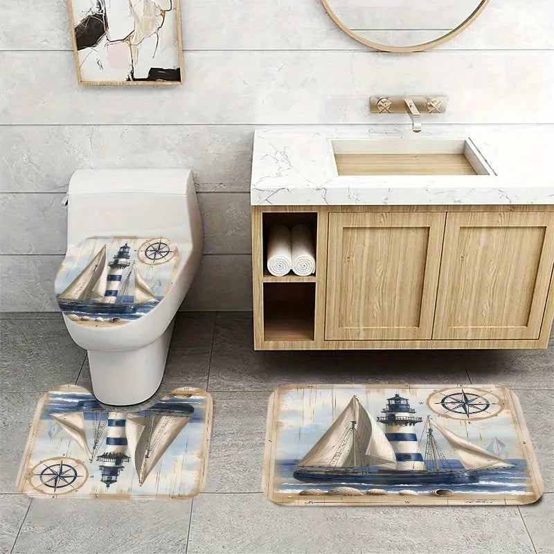 tapis bain thème marin phare voilier boussole anti dérapant beige bleu noir vintage pastoral