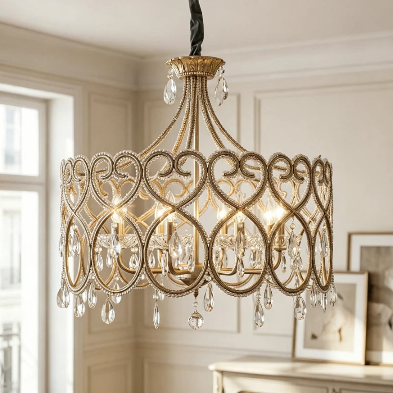 lustre cristal cuivre poli baroque décoration salon luminaires suspendus led doré transparent