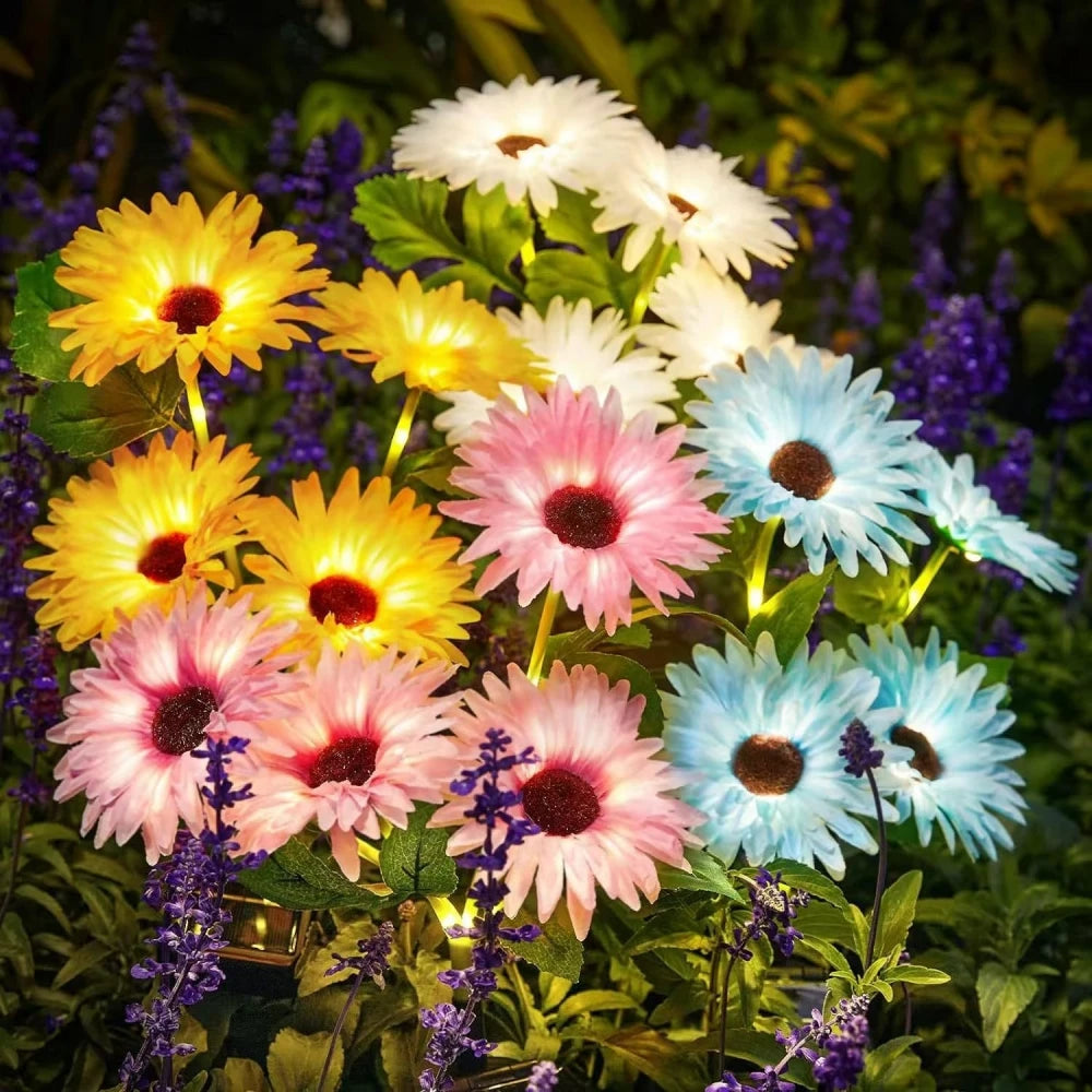 décorations extérieures solaires fleurs lumineuses marguerite jaune rose bleu blanc moderne jardin