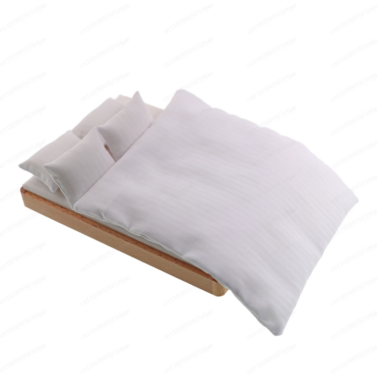 lit miniature moderne maison poupée bois blanc tête lit matelas couette oreillers lampe tableau