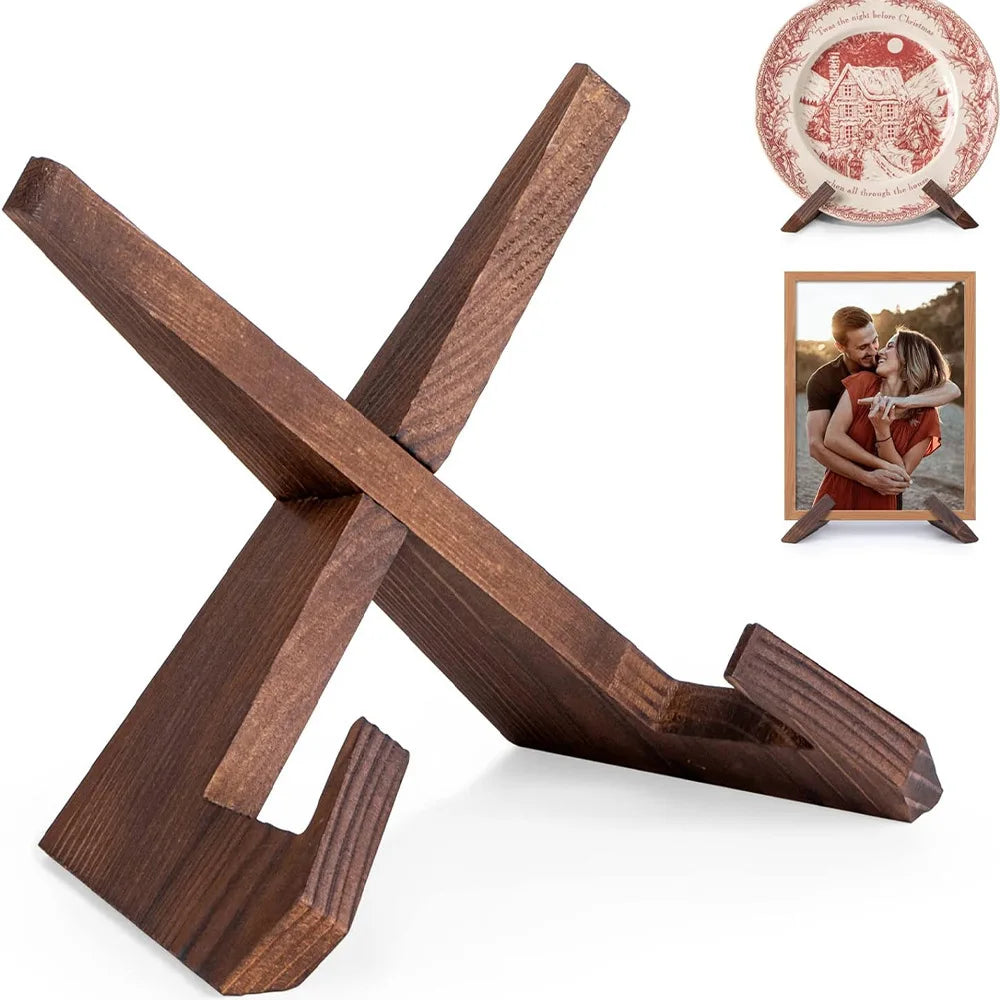 support d'affichage bois moderne marron foncé finition lisse stand livre photo vinyle minimaliste