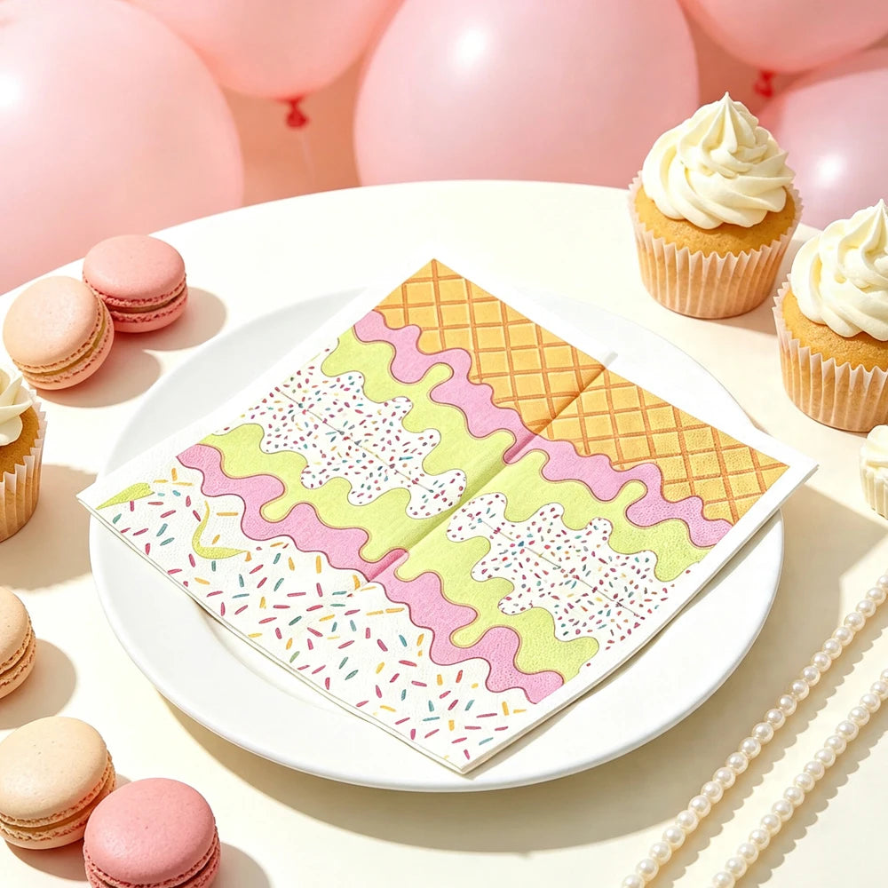 serviettes papier motifs desserts pliées rose vert jaune blanc festives anniversaire enfants transparentes