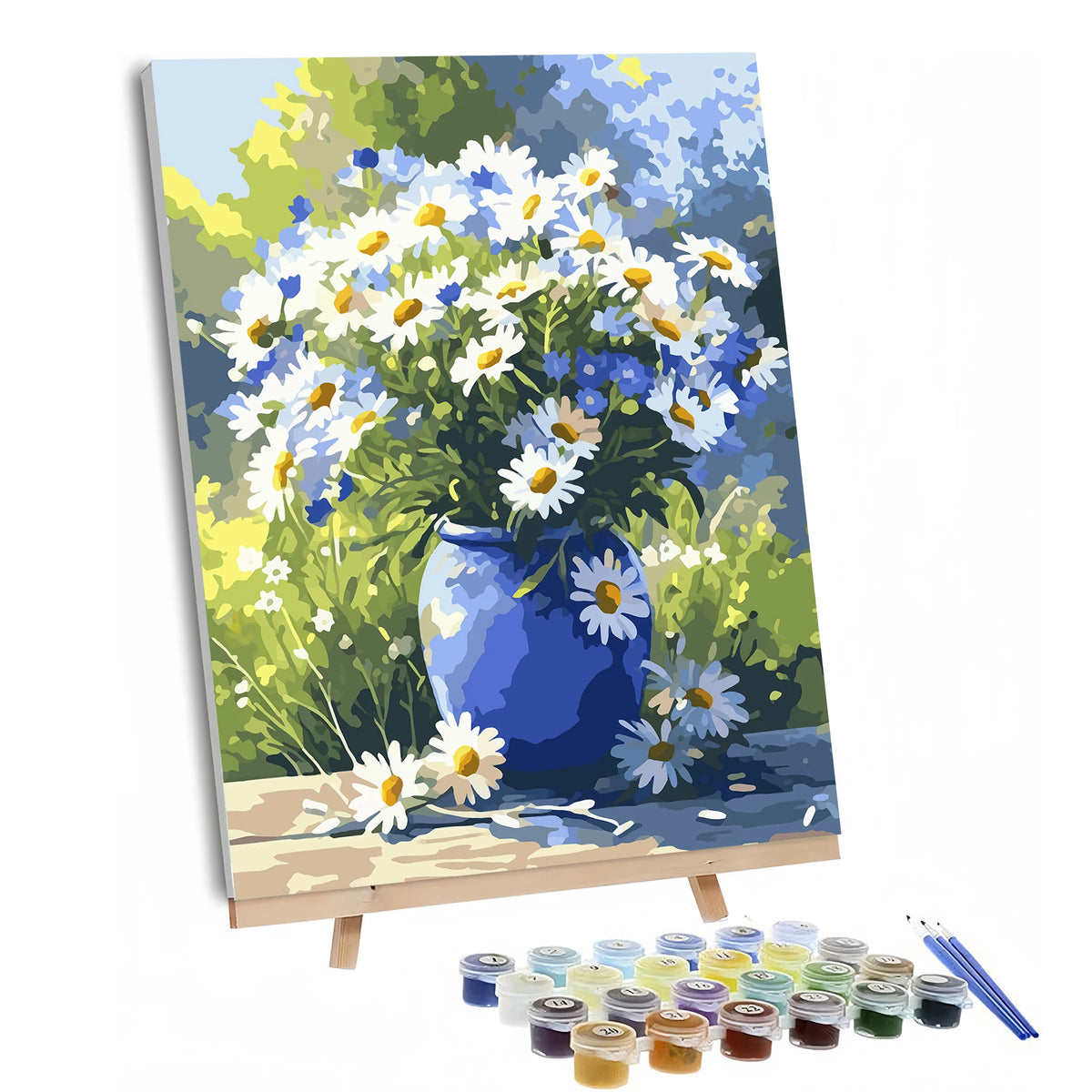 tableau peindre numéros paysage réaliste toile haute densité peinture acrylique pinceaux couleurs marguerites blanc
