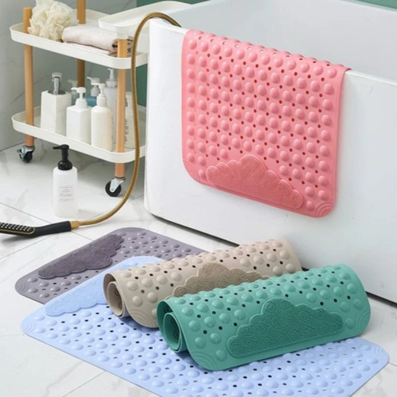 tapis bain rose clair gris bleu coeurs points adhésif moderne pvc salle bain douche