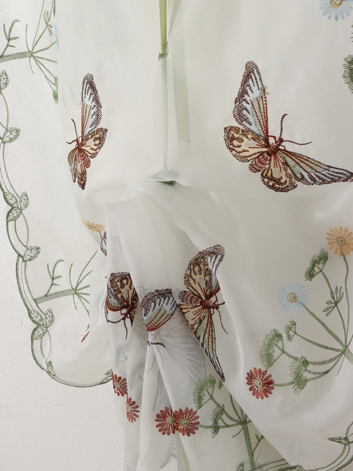rideau transparent papillons fleurs brodé polyester blanc vert rouge bleu marron 80x130cm 80x160cm