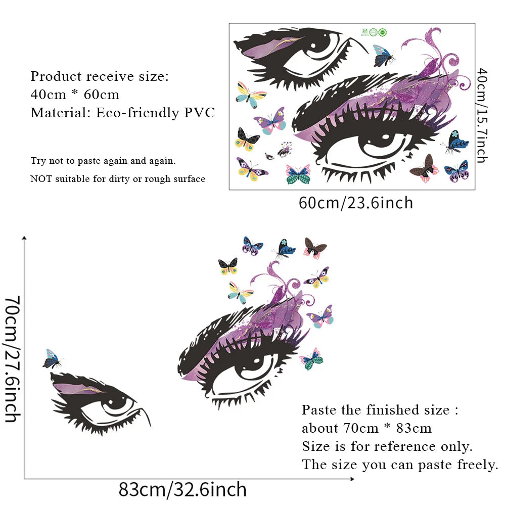 sticker mural yeux stylisés adhésif pvc résistant eau moderne artistique noir violet bleu rose