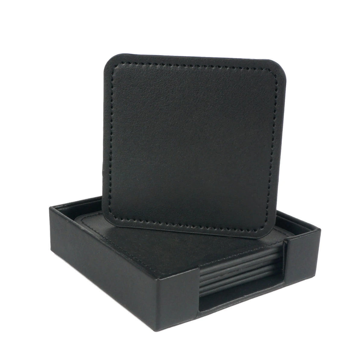 Boîte de rangement pour sous-verres en cuir noir avec motif piqué.