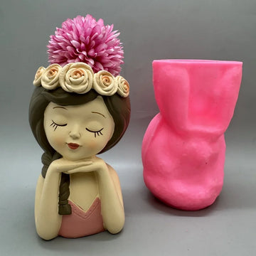 pots fleurs silicone forme tête fille beige marron rose fleurs texturées opaques décoratifs 14.5cm